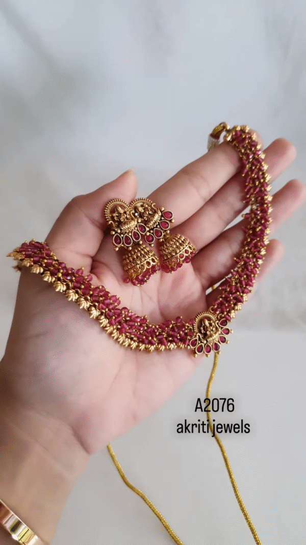 "Temple Heritage: Gold-Toned Pearl Choker & Jhumka Set - Image 2