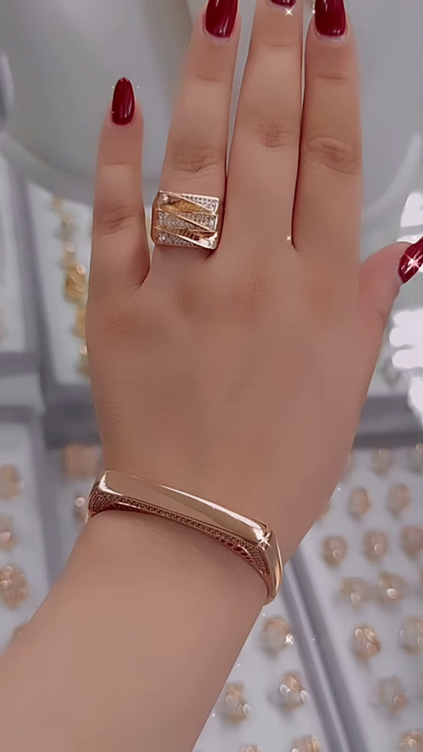 Elegant Rose Gold Bangle Bracelet and Ring Set with Delicate Accents - Image 3